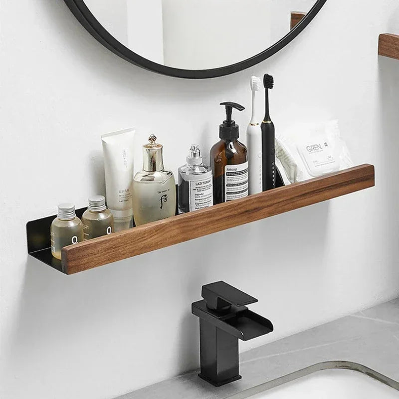 Solid Wood Bathroom Shelf - Punch-Free Wall Organizer