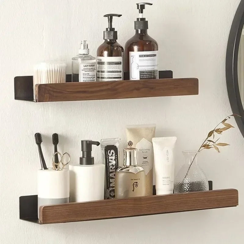 Solid Wood Bathroom Shelf - Punch-Free Wall Organizer