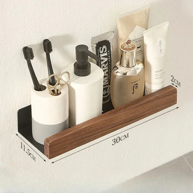 Solid Wood Bathroom Shelf - Punch-Free Wall Organizer